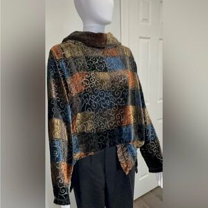 VTG Robert Louis Black Brown Checkered Silk Cowl Neck LS Blouse Top Women SIZE L